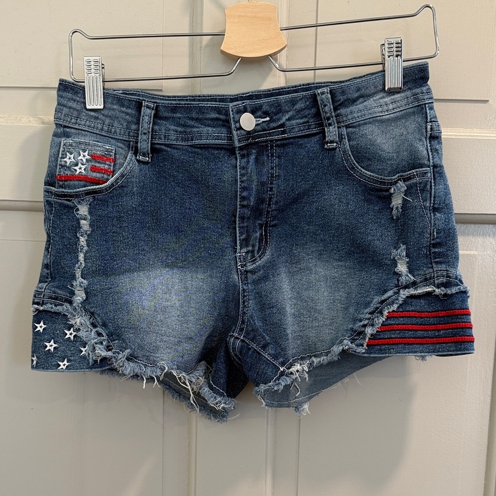 Denim Distressed Women Shorts with Star and Stripe Accents Size Large